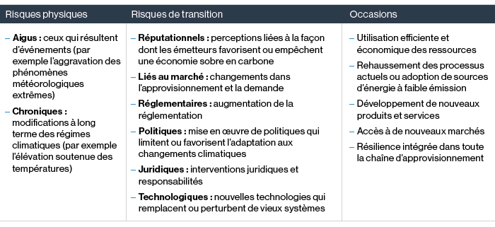 Catégories de risques et occasions liés aux changements climatiques.